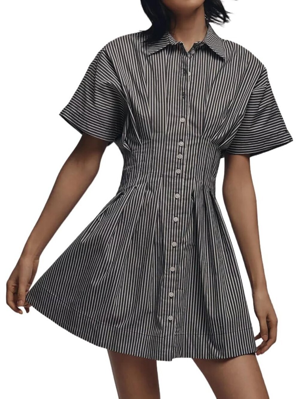 Women's Striped Black Down Short Sleeve Causal A Line Flowy Pleated Mini Dress - Picture 1 of 6